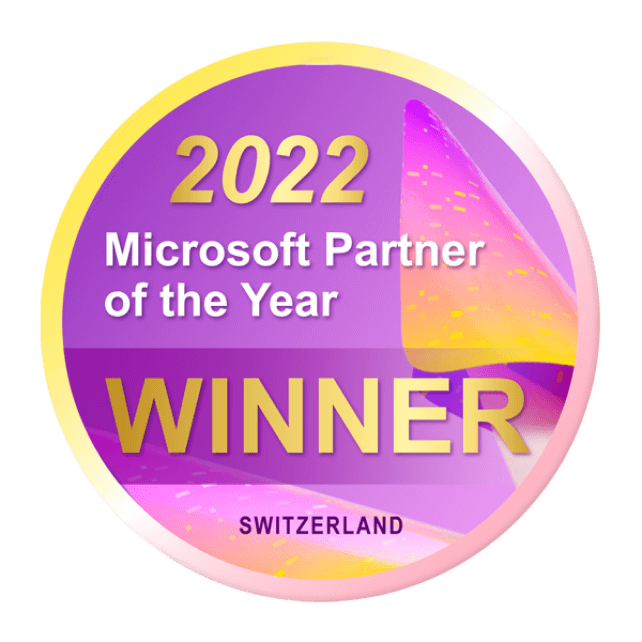 A circular award badge featuring a purple and pink gradient background. Text includes '2022 Microsoft Partner of the Year', 'WINNER', and 'SWITZERLAND' in gold letters.