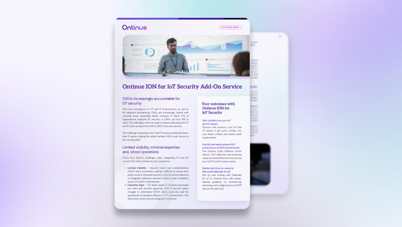 A digital brochure titled 'Ontinue ION for IoT Security Add-On Service', featuring a speaker presenting in front of a screen in a modern setting. The background includes a gradient purple tone.