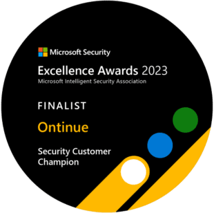 Logo for the Microsoft Security Excellence Awards 2023 featuring the text 'FINALIST OnTinue Security Customer Champion' alongside colored circles and a geometric design.