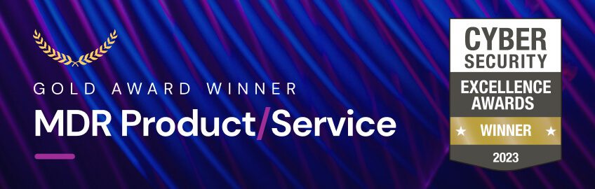 A banner displaying 'Gold Award Winner' for 'MDR Product/Service' at the 'Cyber Security Excellence Awards 2023', with a background of blue and purple waves.