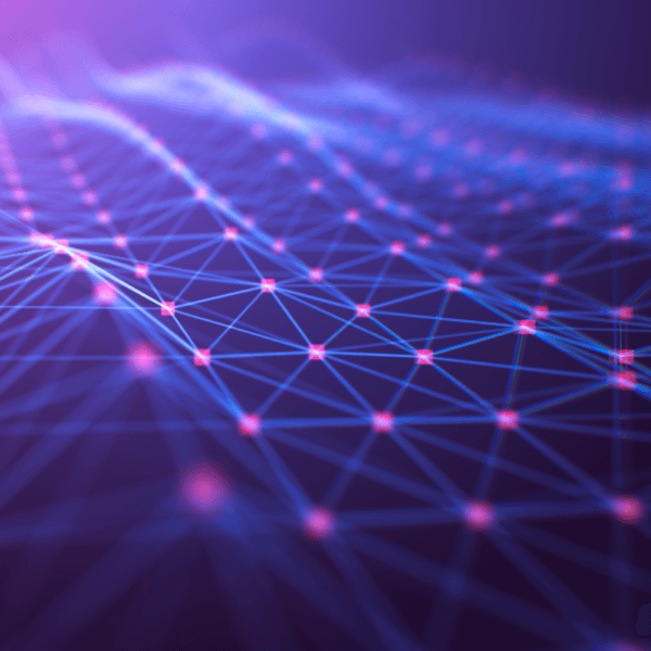 A close-up view of a digital network represented by blue lines forming a mesh with glowing pink nodes against a dark background.