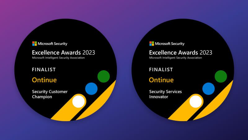 Two circular award graphics for the Microsoft Security Excellence Awards 2023. One shows the "Security Customer Champion" category, while the other highlights "Security Services Innovator," both featuring the name Ontinue.