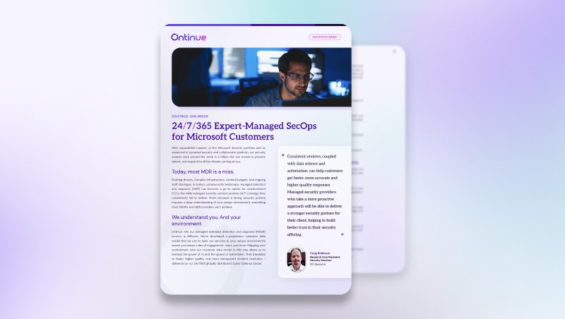 A digital brochure titled 'Ontinue: 24/7/365 Expert-Managed SecOps for Microsoft Customers' featuring a man working at a computer, with content highlighting services for Microsoft users.