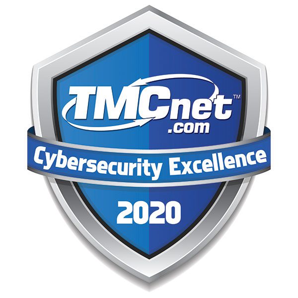 A shield-shaped badge with a blue background featuring the text "TMCnet.com" at the top, "Cybersecurity Excellence" in a banner, and "2020" at the bottom.