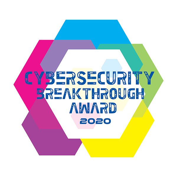 Logo for the Cybersecurity Breakthrough Award 2020 featuring interconnected hexagons in vibrant colors including pink, blue, green, and yellow, with the text 'CYBERSECURITY BREAKTHROUGH AWARD 2020' prominently displayed.