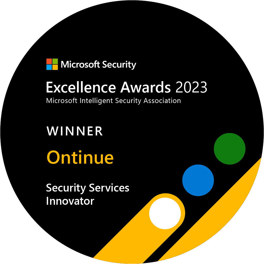 Round logo for the Microsoft Security Excellence Awards 2023, featuring the text 'WINNER Ontinue Security Services Innovator' and colored circles.