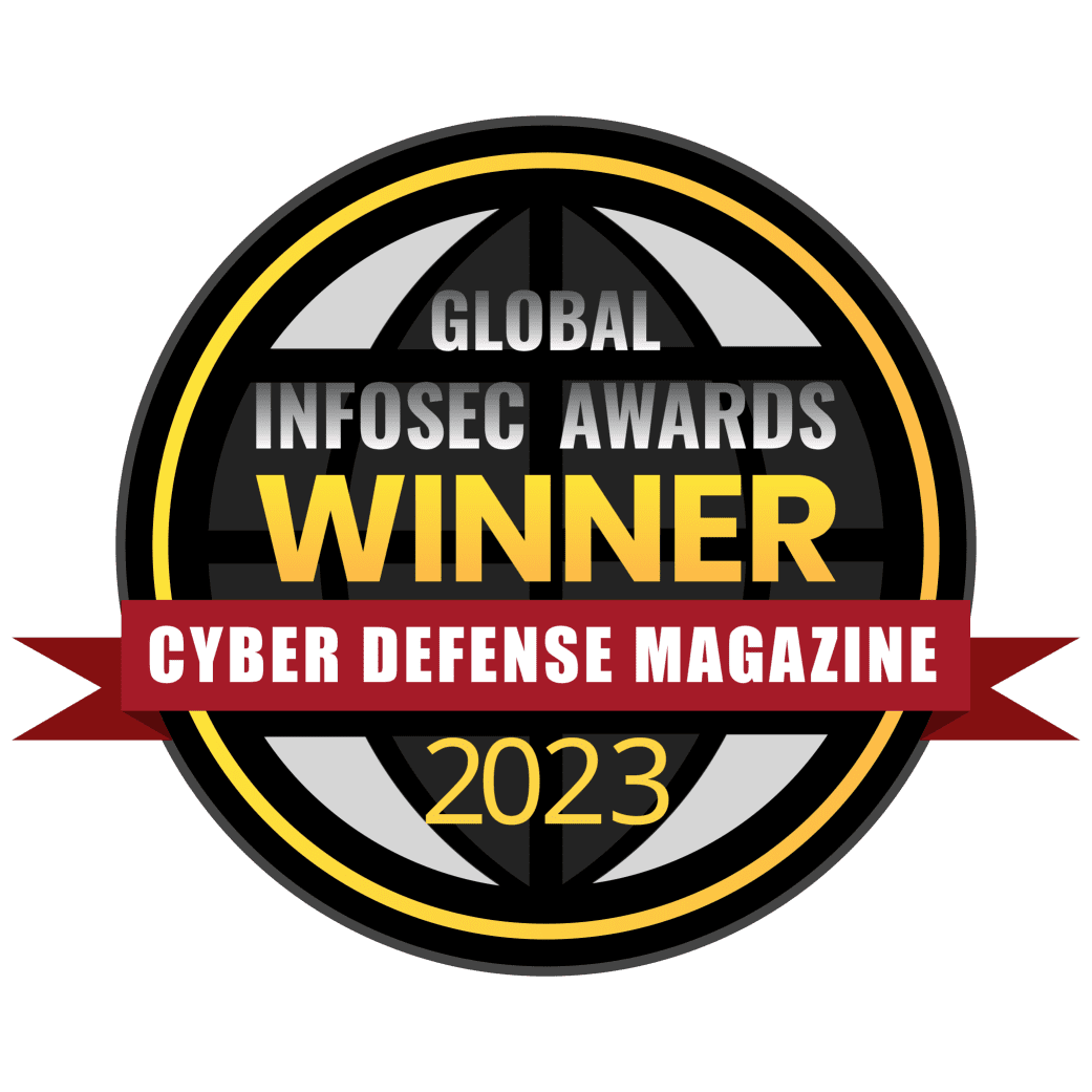 Circular badge displaying 'Global Infosec Awards Winner 2023' with a black and gold color scheme. The badge features a red ribbon labeled 'Cyber Defense Magazine' at the bottom.