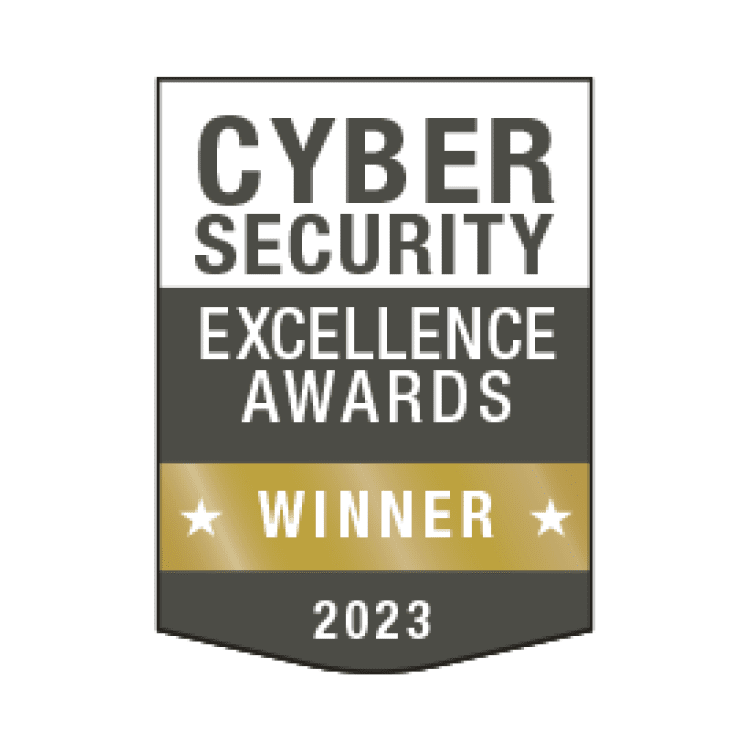 An award badge highlighting the title 'Cyber Security Excellence Awards Winner 2023,' with a gold and black design featuring stars and a shield shape.