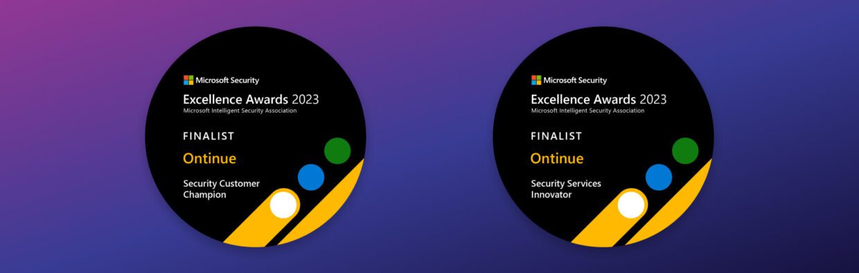 Two circular award badges for the Microsoft Security Excellence Awards 2023. The left badge is for the 'Security Customer Champion' category, and the right is for 'Security Services Innovator'. Both feature the logo and name of Ontinue.