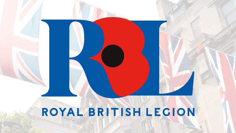 Logo of the Royal British Legion featuring the letters RBL in bold blue and red colors, with a red poppy design in the center, set against a background of Union Jack flags.