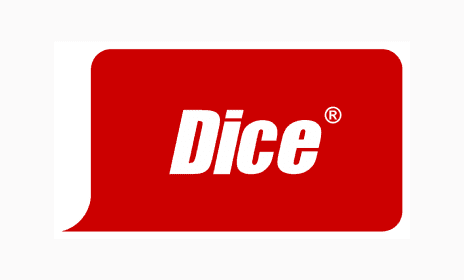A red speech bubble featuring the word "Dice" in bold white letters, with a registered trademark symbol next to it.