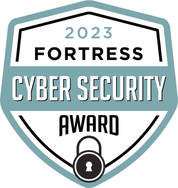 A shield-shaped emblem for the 2023 Fortress Cyber Security Award, featuring the year 2023 and the words 'Fortress Cyber Security Award' in bold. The design includes a lock symbol at the bottom.