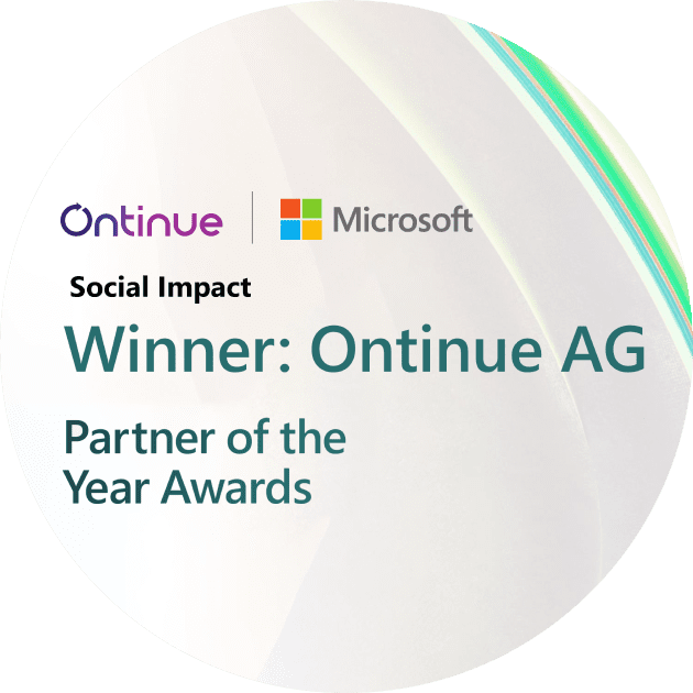 Circular award certificate featuring the logos of Ontinue and Microsoft. The text states 'Social Impact' and 'Winner: Ontinue AG Partner of the Year Awards'.