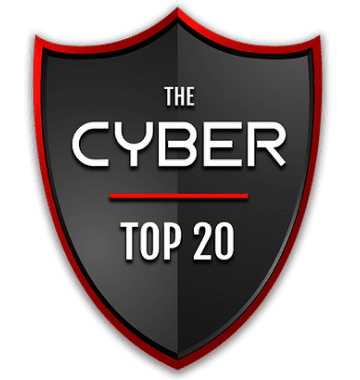 A dark shield-shaped logo featuring the text 'THE CYBER TOP 20' in bold white letters. The design includes red accents around the edges and a red line separating the top and bottom sections.