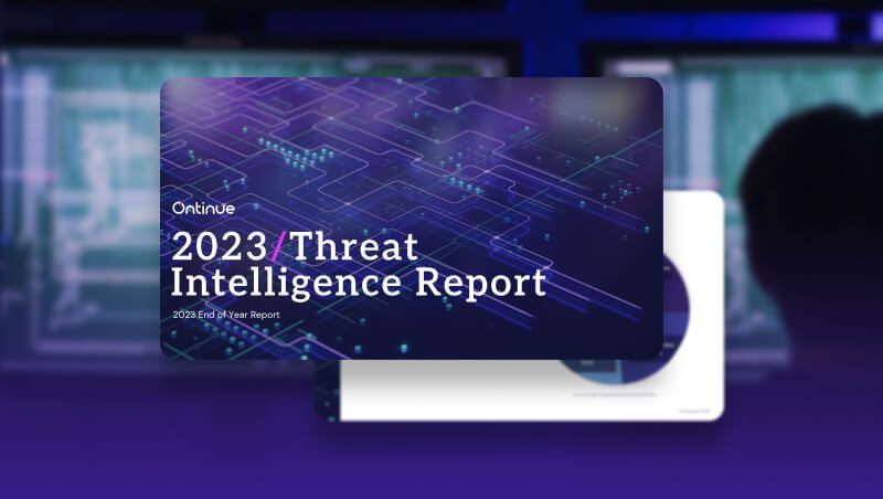 A visual featuring the cover of the "2023 Threat Intelligence Report" by Ontinue, with a dark background and circuit-like graphics, alongside a blurred out background suggesting a digital environment.