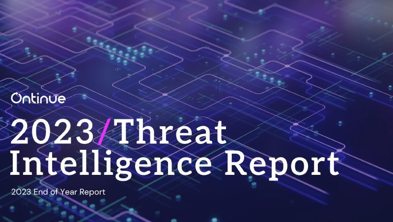 A digital background featuring abstract circuit patterns in shades of purple and blue, with the title 'Ontinue 2023 Threat Intelligence Report' prominently displayed.