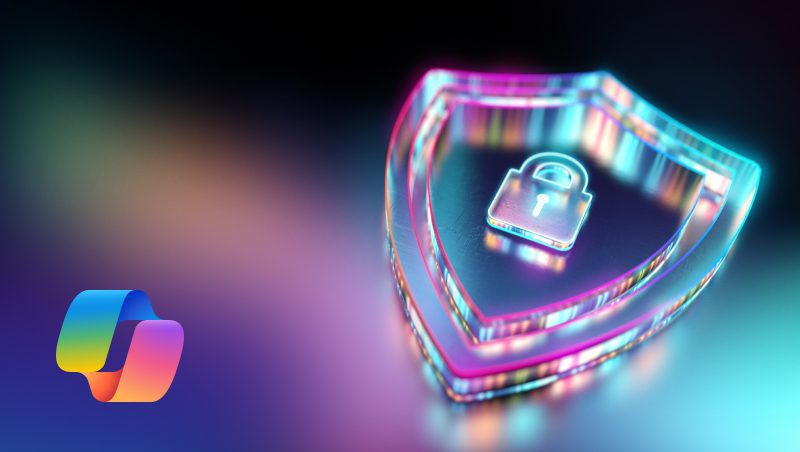 A digitally rendered image of a translucent shield with a padlock icon inside, illuminated with vibrant colors on a blurred background. A colorful logo is positioned on the left side.