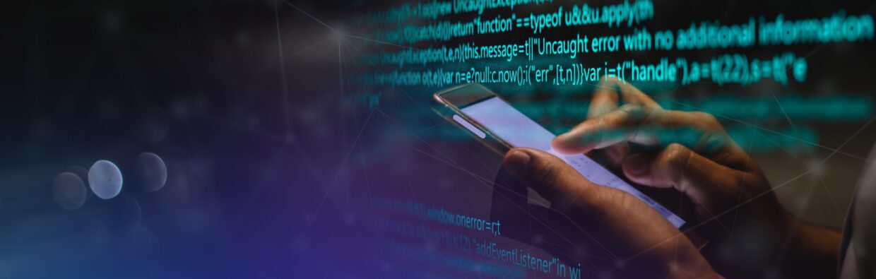 A person holding a smartphone while interacting with digital code displayed in the background, suggesting themes of technology and cybersecurity. The image represents PlugX Utilising Steam.