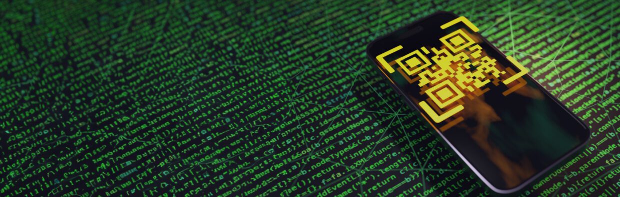 A smartphone displaying a yellow QR code on its screen, placed on a background of green binary code, emphasizing digital security. The image highlights the message that QR phishing is on the rise.
