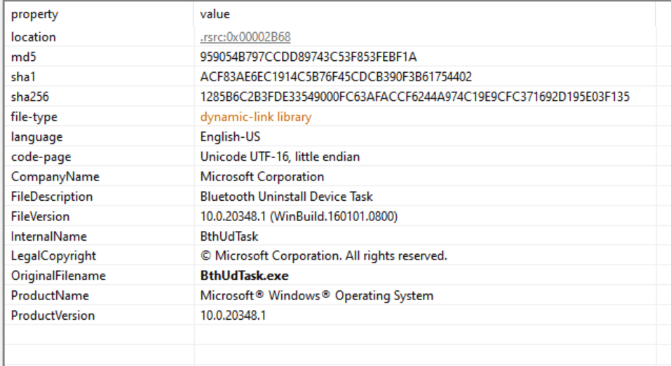 Technical details of a dynamic link library (DLL) file related to Bluetooth functionality on Windows, including MD5, SHA-1, and SHA-256 hash values, along with information about the file's origin and version.