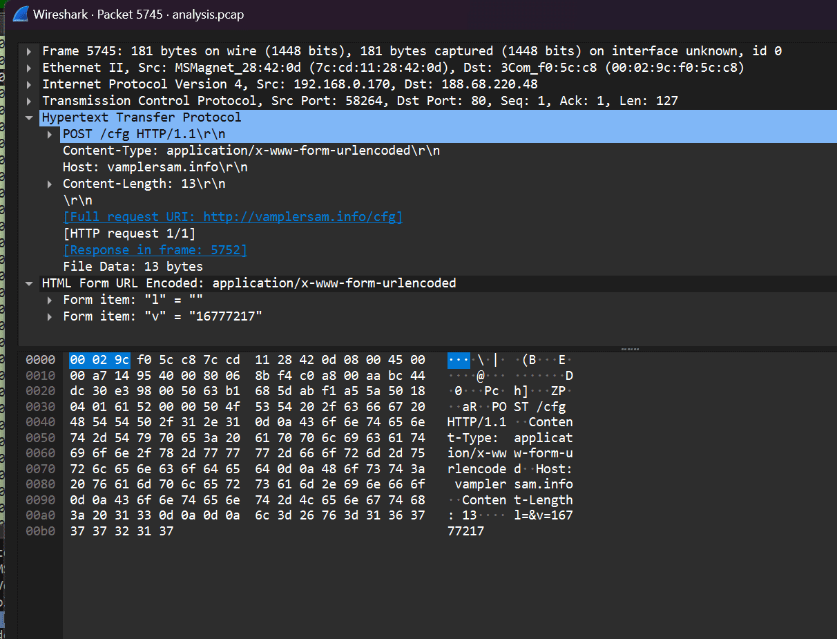 Wireshark interface displaying packet analysis. An HTTP POST request is shown, containing headers like 'Content-Type' and 'Content-Length,' and metadata indicating a file size of 13 bytes. The context relates to an uptick in MummaC2 infostealer malware.
