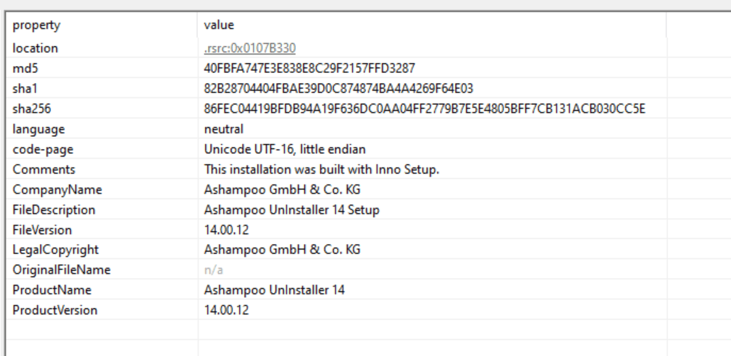 A screenshot showing detailed properties of a software installation. Key details include: Product Name "Ashampoo Uninstaller 14," Version "14.00.12," and Company Name "Ashampoo GmbH & Co. KG." Other technical specifications are also visible.