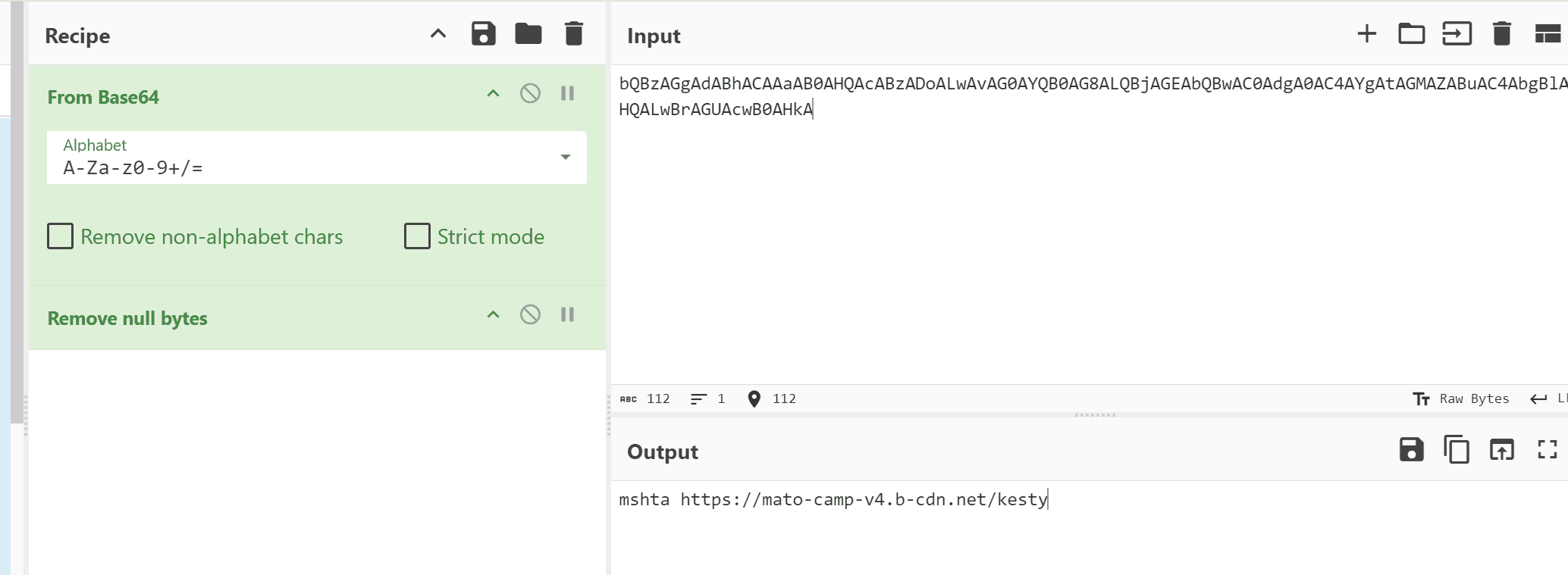 A screenshot of a data processing application displaying an encoded Base64 string in the input panel and the decoded URL output, which reads 'https://moto-camp-wb-cdn.net/resty'.