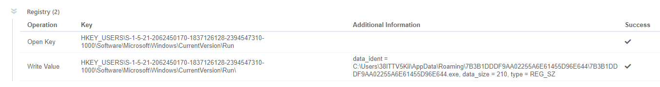 A screenshot displaying a table with registry information. The columns include Operation, Key, Additional Information, and Success status. Two entries are shown: an Open Key and a Write Value, with success indicators next to both.