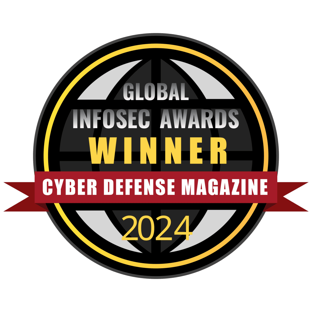 Award logo featuring a black and gold circular design. Text reads "Global Infosec Awards Winner" and "Cyber Defense Magazine 2024" in distinct fonts and colors, with a red banner below.