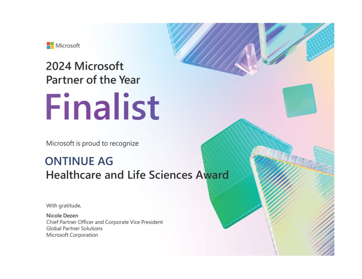 Certificate recognizing ONTINE AG as a finalist for the 2024 Microsoft Partner of the Year in the Healthcare and Life Sciences Award, signed by Nicole Dezen, Chief Partner Officer.