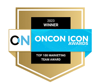A gold and black award badge with text reading '2023 WINNER', 'ONCON ICON AWARDS', and 'TOP 100 MARKETING TEAM AWARD' displayed prominently.
