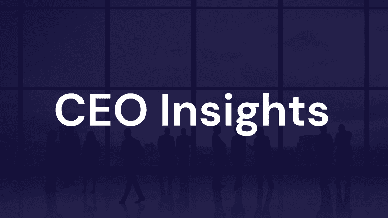 Silhouettes of business professionals standing in front of large windows, with the text 'CEO Insights' prominently displayed in bold white letters. The background features a cloudy skyline.