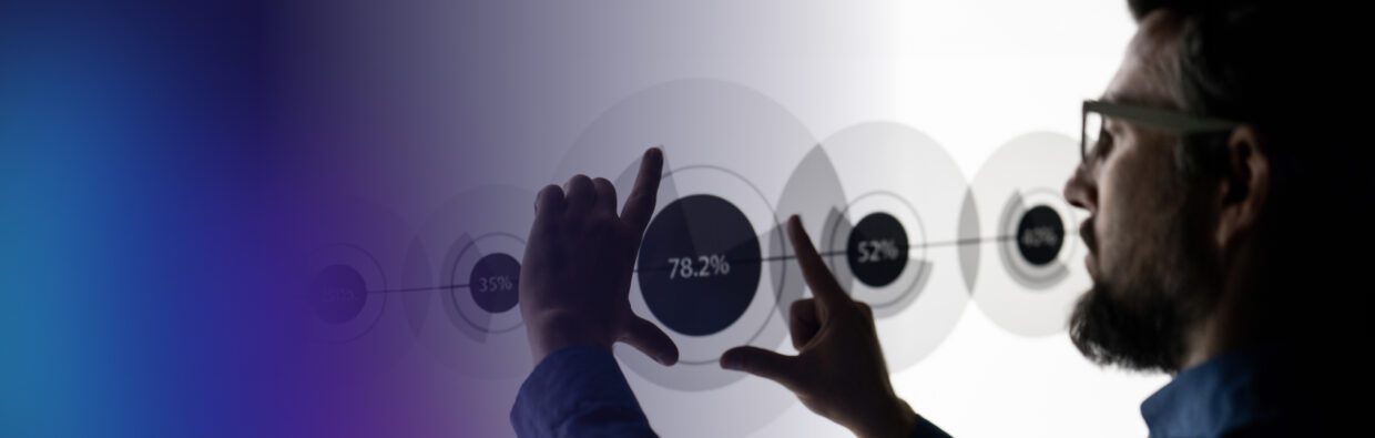 A person is interacting with a digital display showing circular data points, including percentages like 78.2% and 52%, against a gradient background. This image relates to the 1H 2024 Threat Intelligence Report.