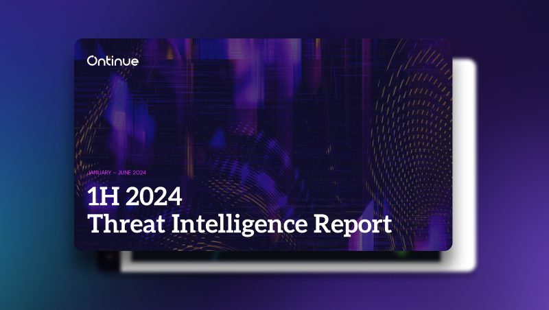 A cover design for the "1H 2024 Threat Intelligence Report" by Ontinue, featuring a dark abstract background with colorful digital patterns.