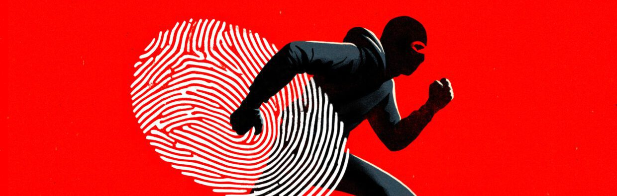 A silhouette of a person in black clothing running against a red background, with a large white fingerprint graphic behind them. The image suggests themes of identity theft and crime related to living-off-the-land attacks.