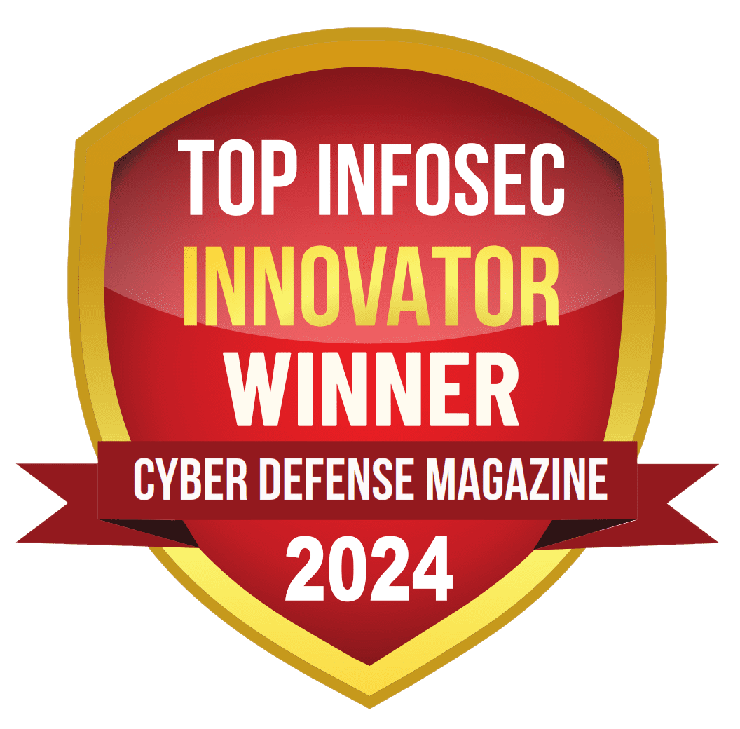 A shield-shaped award badge featuring the text 'Top Infosec Innovator Winner' in bold white and gold lettering on a red background, with a banner below stating 'Cyber Defense Magazine 2024'.