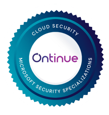A circular badge featuring the word 'Ontinue' in purple text at the center. Surrounding it are the phrases 'Cloud Security' and 'Microsoft Security Specializations' in a blue circular border.