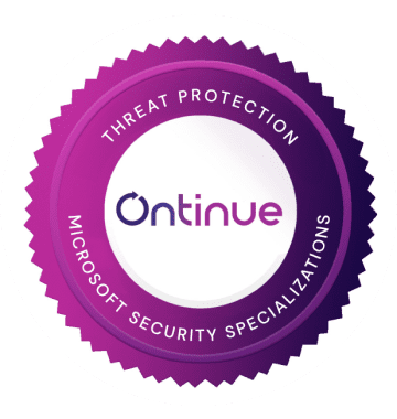 A circular badge featuring the text 'Ontinue' in purple and white, with a background in gradient purple. The badge includes the words 'Threat Protection' and 'Microsoft Security Specializations' in white.