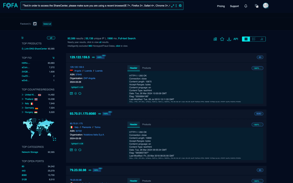A dark-themed web interface displaying data for multiple IP addresses, including details such as geographical locations, hostnames, and product information. The layout includes menus for top products and categories.