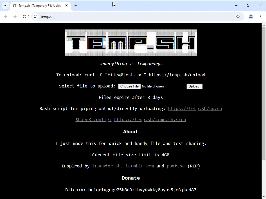 A screenshot of the website temp.sh, featuring a black background with white text. It provides instructions for file uploading via curl and indicates files expire after three days. Options to choose a file, upload, and donate using Bitcoin are displayed.