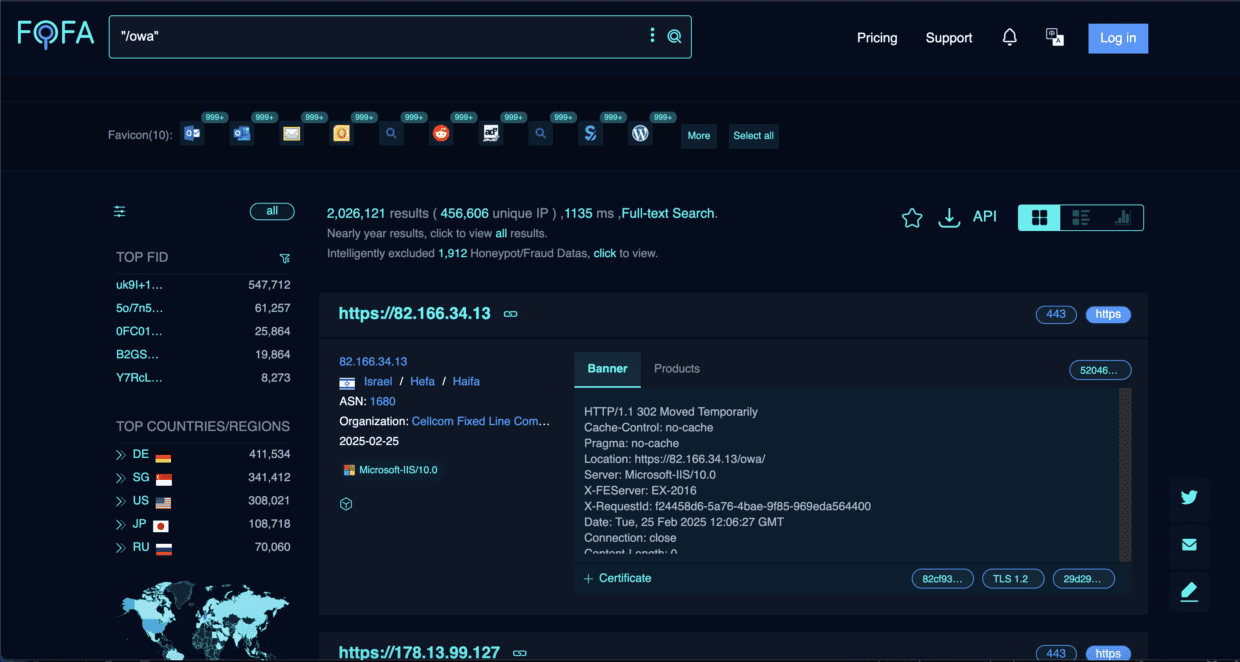 A screenshot of the Fofa platform displaying search results for the term 'Iowa.' The interface features a dark theme with options for filtering. The results include details about a specific IP address with various technical specifications.