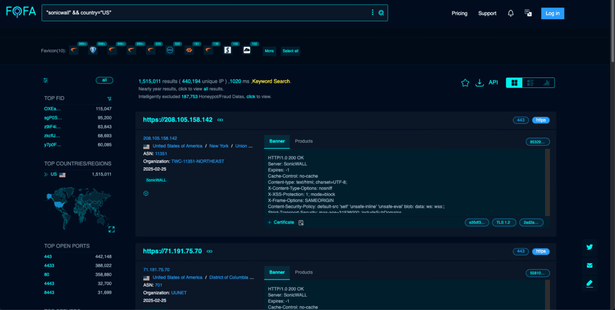 Screenshot of the FQFA website interface showing search results for 'analyser all country:VN' including IP addresses, organization details, and statistics on top countries and open ports.