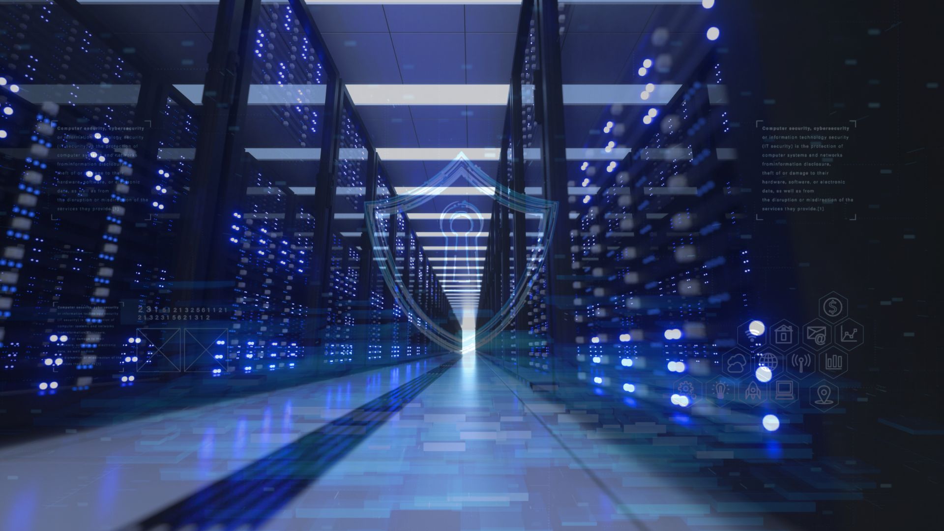 A data center corridor illuminated by blue LED lights, showcasing rows of servers on both sides. Digital security icons overlay the image, emphasizing themes of IoT and OT security.