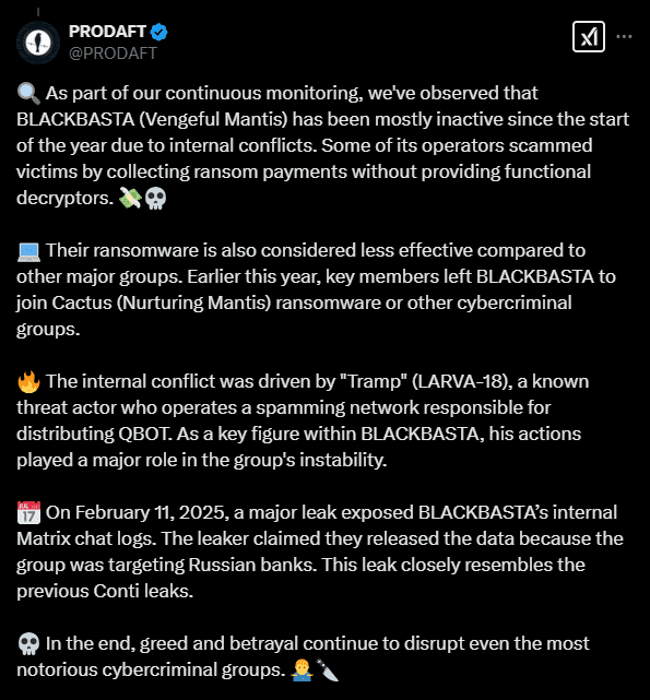 A Twitter post from PRODAFT discussing the inactivity of the BLACKBASTA group. It mentions internal conflicts, ransom scams, and a leak related to targeting Russian banks, highlighting their struggles against other cybercriminals, emphasizing 'Inside BlackBasta'.