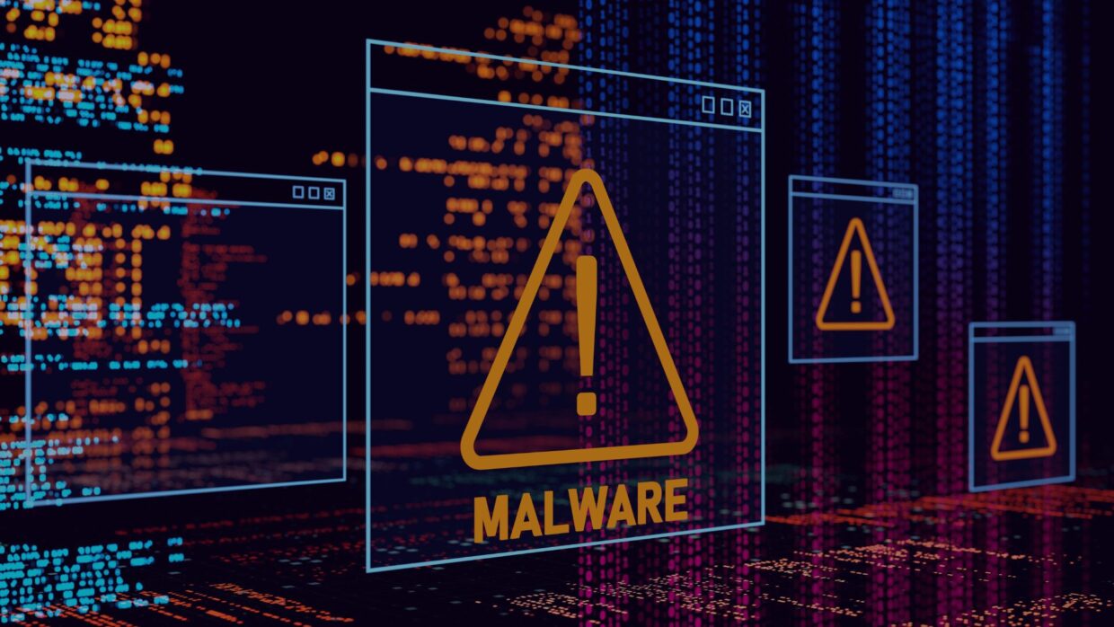 Graphics depicting warning signs for malware on computer screens, set against a digital background of code and data.