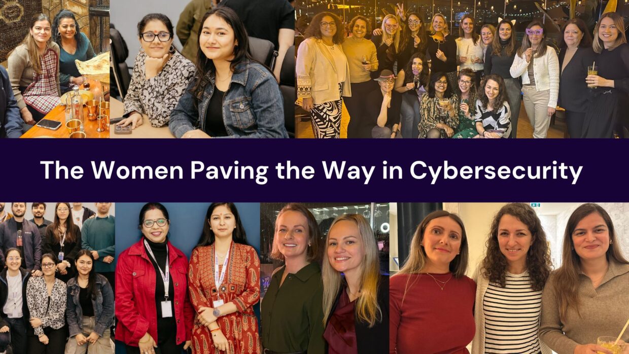 A collage featuring groups of women from the Women of Ontinue series engaged in various activities related to cybersecurity, showcasing their collaboration and achievements in the field.