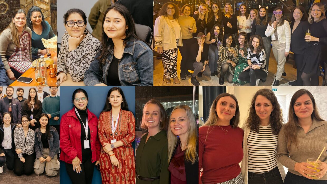 A collage featuring diverse groups of women attending various social and professional events, highlighting women's involvement in Cybersecurity. The scenes showcase camaraderie, networking, and engagement in a modern setting.