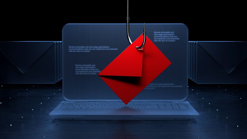 A red envelope hanging from a fishing hook, superimposed over a translucent laptop screen, with abstract email icons in the background, illustrating a phishing concept.