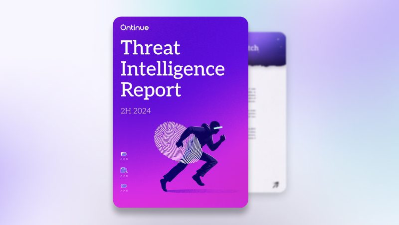 A digital cover of the "Threat Intelligence Report 2H 2024" by Onkinue, featuring a stylized figure running with a fingerprint design in a gradient purple background.