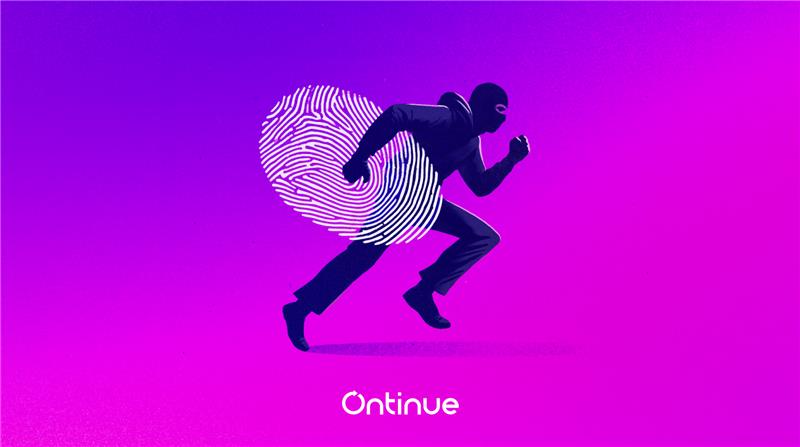An illustration of a figure in a black outfit and mask, running with a stylized fingerprint behind them. The background is a gradient of purple, and the text 'Ontinue' is at the bottom. This image relates to the 2H Threat Intelligence Report.